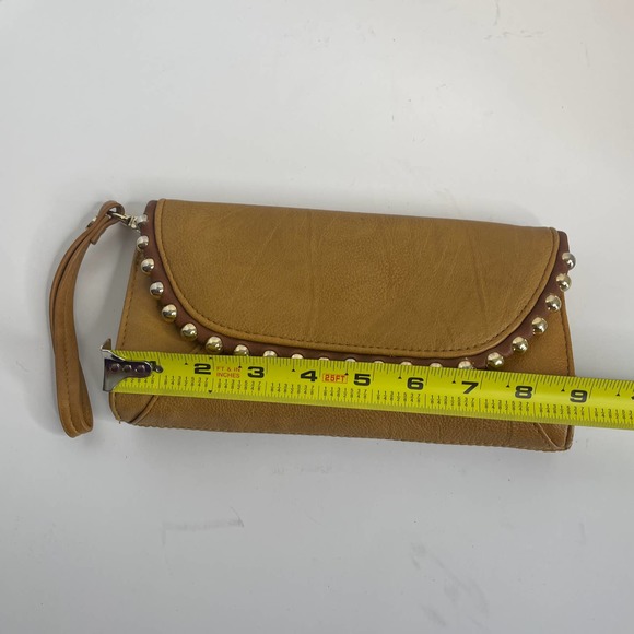 Big Buddha Cognac Brown Tan Studded Wristlet Clutch Large Wallet Purse Bag - Picture 2 of 11